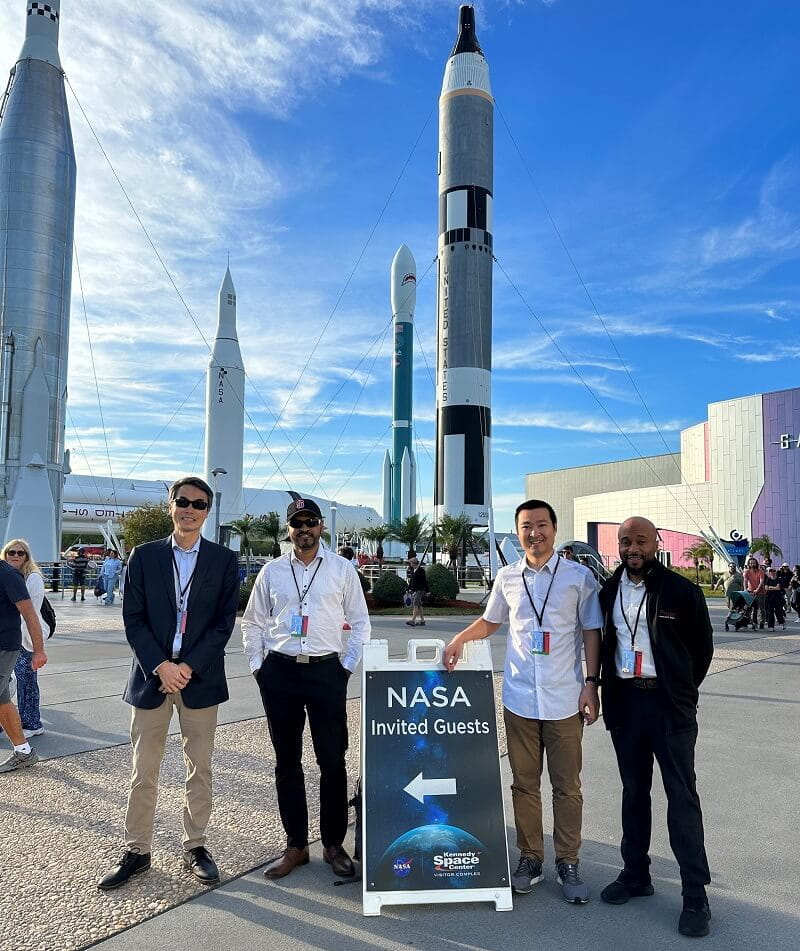 Dr. Joseph Wu (left) and three of his postdoctoral fellows (left to right: Drs. Dilip Thomas, Xu Cao and McKay Mullen) at the launch of a SpaceX rocket that carried iPSC-derived cardiac organoids from his lab. (Photo courtesy of Dr. Joseph Wu)