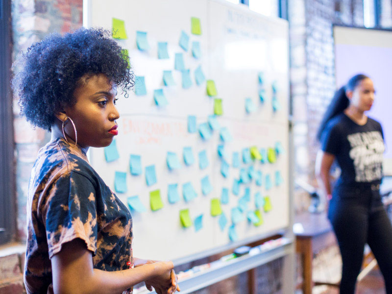 Khadijah Ameen (left) and Mercilla Ryan-Harris facilitate a solution ideation at a BLKHLTH Conversation in 2019. (Photo courtesy of Stephen Nowland & Ann Watson)