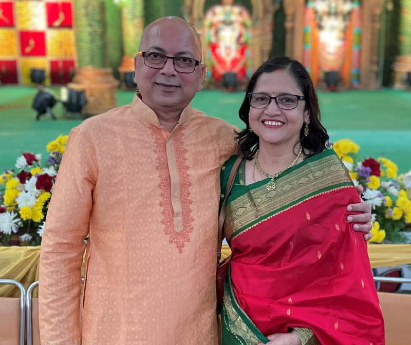 Saroja Voruganti with her husband, Venkat Voruganti, in February 2023 at a family wedding in India. (Photo courtesy of Saroja Voruganti)