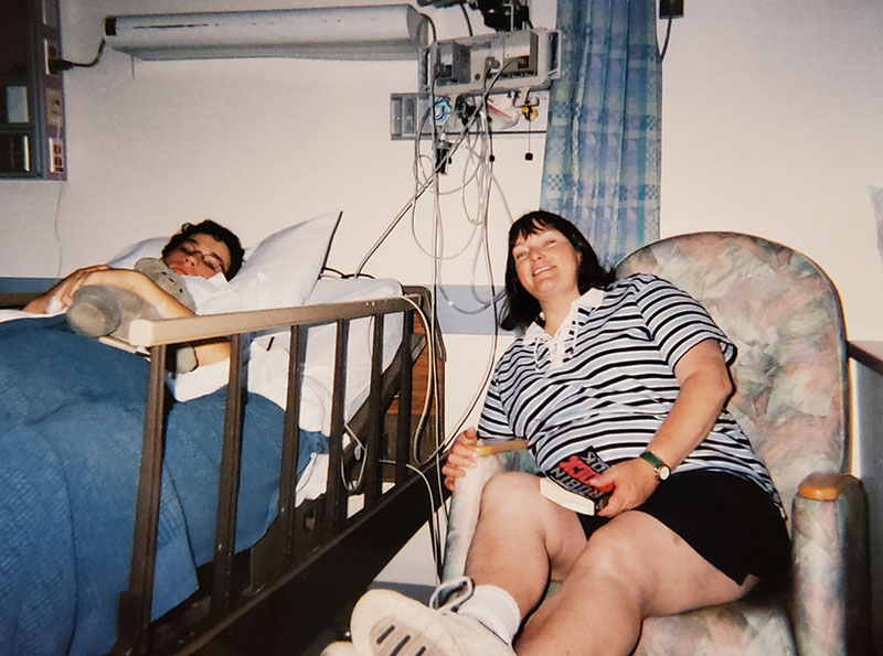 Jimmy Fremgen (left) in the hospital with his mom, while recovering after his first ICD implant. (Photo courtesy of Jimmy Fremgen)